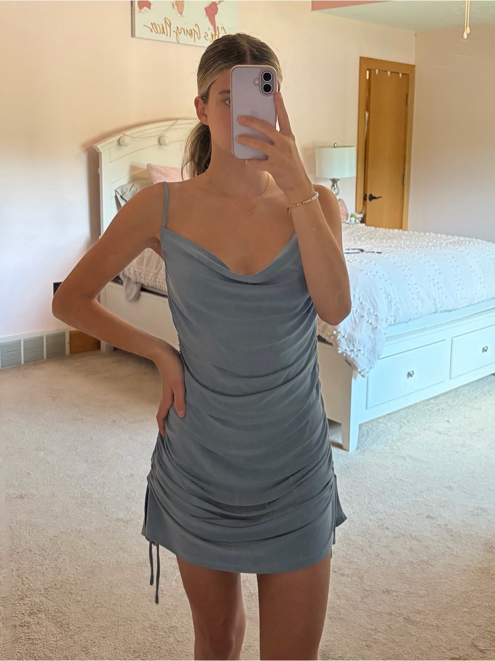 Tiger Mist Satin Cowl Mini Dress in Dusty Blue